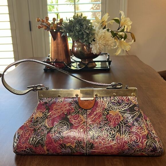 Patricia Nash Ferrara Leather Frame Satchel Retro Floral Embossed Hobo Bag - Picture 3 of 12